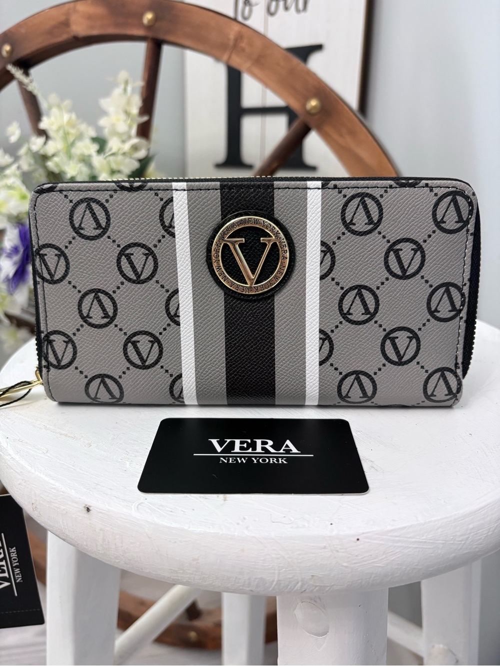 Vera New York Grey Stripe Zip Wallet NWT